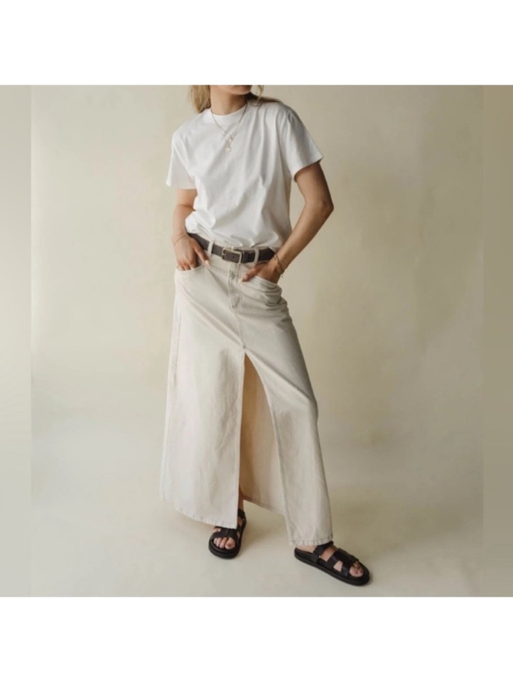 Free People Come As You Are Denim Maxi Skirt Ivory White Whisp Size 2 Boho